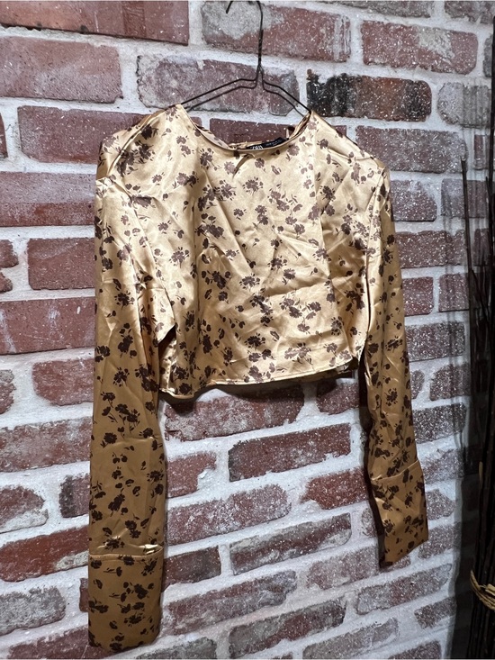 Zara Tops - ZARA Gold and Brown Floral Satin Long-Sleeve Crop Top